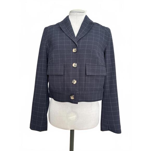 Rachel Roy Women's Navy Blue Cropped Blazer with Windowpane Check ๐ - Picture 2 of 8